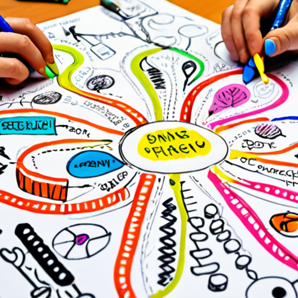 Mind Map Planning**

Prompt: *Close-up, bright workspace. A person's hands drawing a colorful, branching mind map with keywords and doodles on a large sheet of paper. Pens, highlighters scattered around. Focus on the connection between ideas, radiating from a central theme. A sense of clarity and organization.*

**