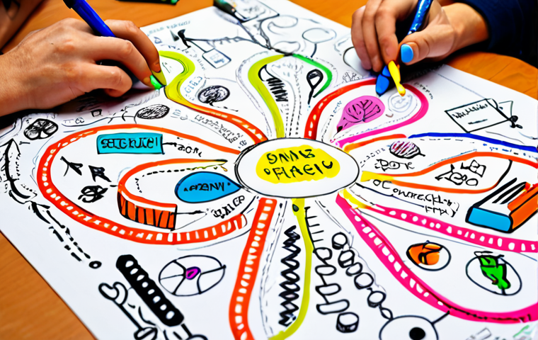 Mind Map Planning**
Prompt: *Close-up, bright workspace. A person's hands drawing a colorful, branching mind map with keywords and doodles on a large sheet of paper. Pens, highlighters scattered around. Focus on the connection between ideas, radiating from a central theme. A sense of clarity and organization.*
**