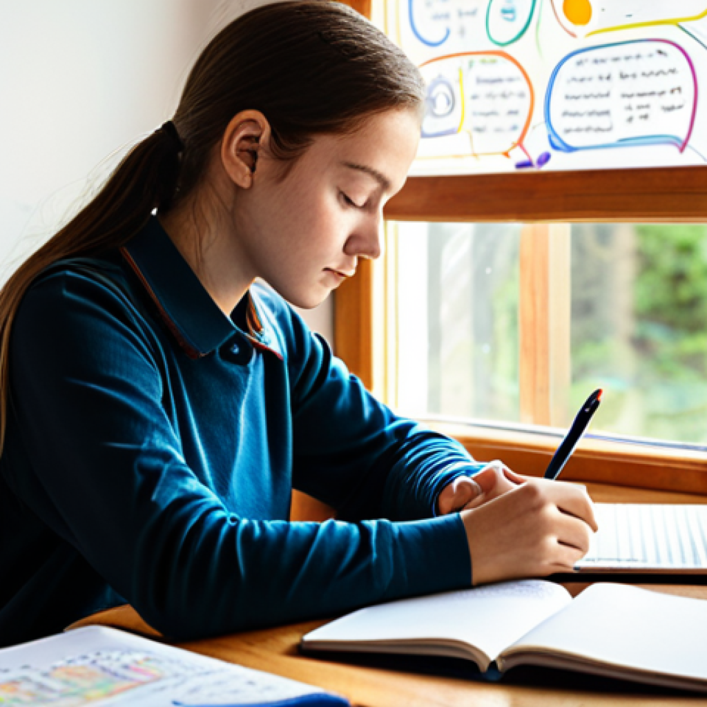 A focused young adult, fully clothed in modest, comfortable study attire, sitting at a clean, well-organized wooden desk. The desk is adorned with colorful mind maps, open notebooks with vivid handwritten diagrams, and a tablet displaying an educational infographic. Sunlight streams through a window, illuminating the scene. The atmosphere is calm and conducive to deep learning, reflecting an intuitive and rewarding learning journey. Perfect anatomy, correct proportions, natural pose, well-formed hands, proper finger count, natural body proportions, professional photography, high quality, safe for work, appropriate content, family-friendly, fully clothed.
