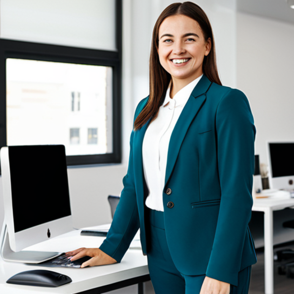 Professional Woman in Tech**

*   **Subject:** A smiling woman in her late 20s, working at a standing desk in a modern office.
*   **Clothing:** Fully clothed, wearing a tailored blazer, modest blouse, and dress pants.
*   **Environment:** Bright, open-plan office with multiple monitors and a clean, organized workspace.
*   **Mood:** Positive, energetic, focused.
*   **Quality:** High-resolution, professional photography, perfect anatomy, correct proportions, natural pose, well-formed hands, proper finger count.
*   **Safety:** Safe for work, appropriate content, professional, family-friendly.

**