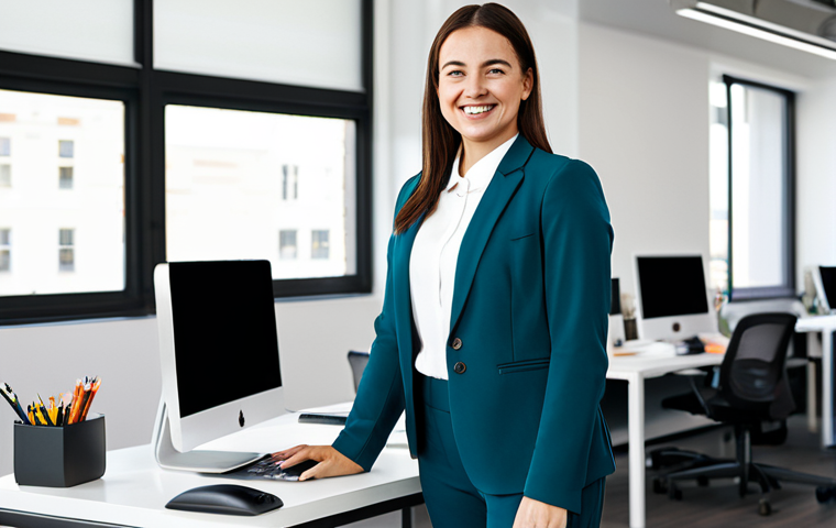 Professional Woman in Tech**

*   **Subject:** A smiling woman in her late 20s, working at a standing desk in a modern office.
*   **Clothing:** Fully clothed, wearing a tailored blazer, modest blouse, and dress pants.
*   **Environment:** Bright, open-plan office with multiple monitors and a clean, organized workspace.
*   **Mood:** Positive, energetic, focused.
*   **Quality:** High-resolution, professional photography, perfect anatomy, correct proportions, natural pose, well-formed hands, proper finger count.
*   **Safety:** Safe for work, appropriate content, professional, family-friendly.

**