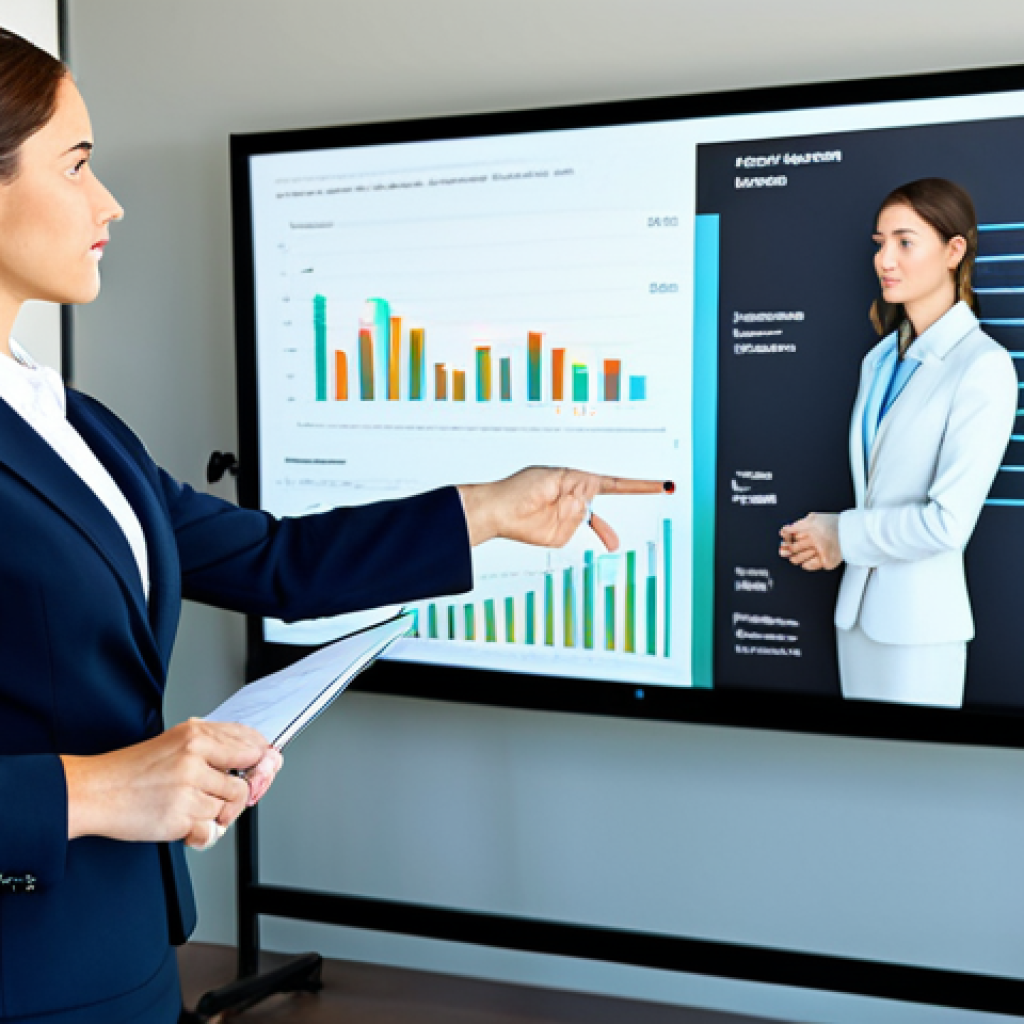 Business Presentation**

"A professional businesswoman in a modest business suit, giving a presentation in a modern office conference room. She is gesturing towards a screen displaying a data visualization. Fully clothed, appropriate attire, safe for work, perfect anatomy, natural proportions, professional photography, high quality, bright and well-lit."

**