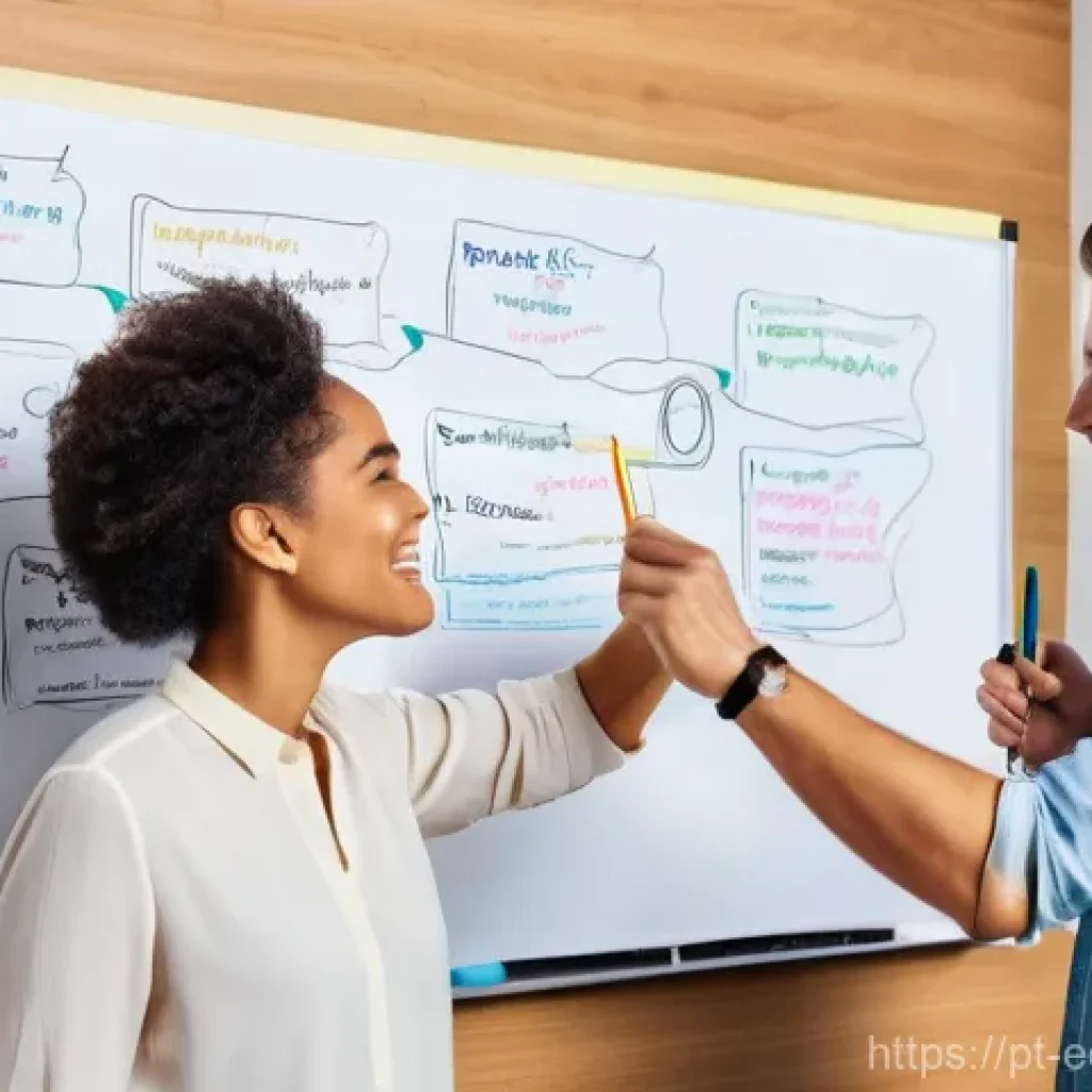 시각적 사고를 증진시키는 그룹 활동 - **"Dynamic Collaborative Brainstorming Session"**
    A vibrant, medium shot image featuring a diver...