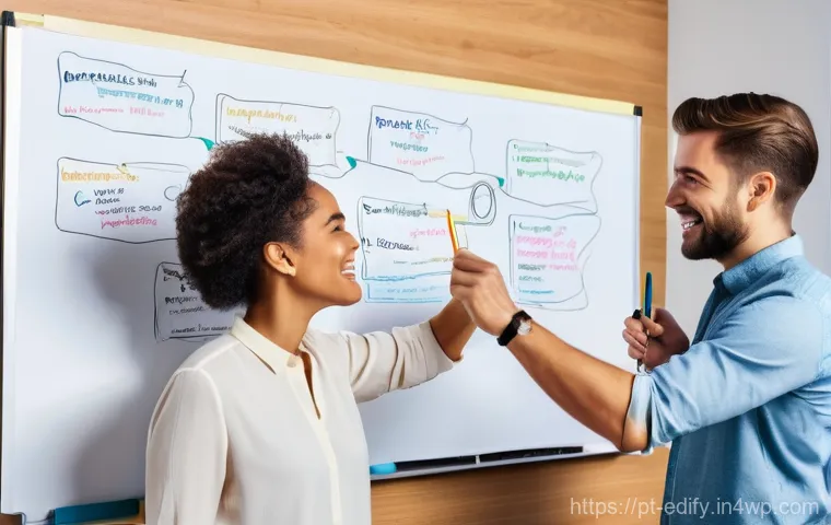 시각적 사고를 증진시키는 그룹 활동 - **"Dynamic Collaborative Brainstorming Session"**
    A vibrant, medium shot image featuring a diver...