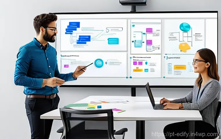 시각적 사고를 증진시키는 그룹 활동 - **"Dynamic Collaborative Brainstorming Session"**
    A vibrant, medium shot image featuring a diver...