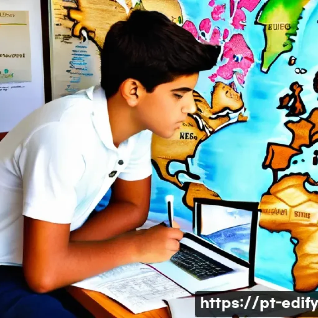 시각적 자료를 활용한 창의적 학습법 - **Prompt:** "A young Portuguese student, approximately 16 years old, sits at a clean, well-lit woode...