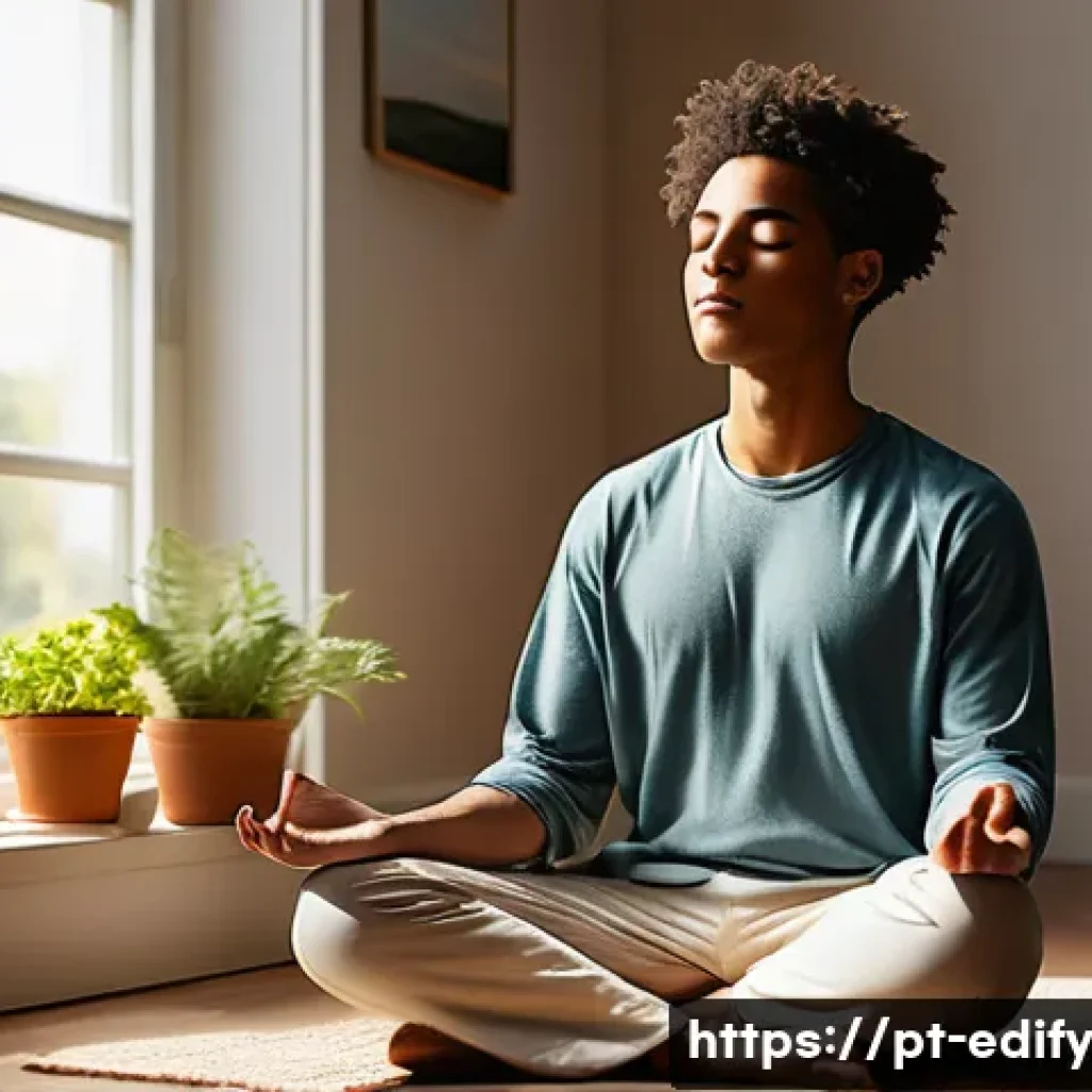 시각화 학습이 불러오는 동기부여 - A serene and focused young adult sitting cross-legged in a cozy, sunlit room, eyes closed, deeply en...