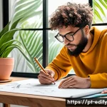 시각화 기법으로 자기 표현력 향상하기 - A cozy creative workspace in a modern Brazilian apartment, featuring a young adult sketching freely ...