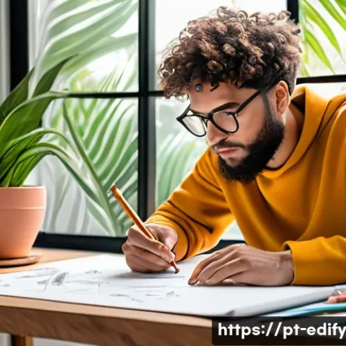 시각화 기법으로 자기 표현력 향상하기 - A cozy creative workspace in a modern Brazilian apartment, featuring a young adult sketching freely ...