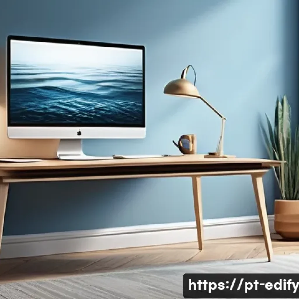 시각적 자료의 품질을 높이는 기술 - A serene digital art scene showcasing soft, diffused lighting illuminating a modern workspace with a...