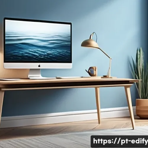 시각적 자료의 품질을 높이는 기술 - A serene digital art scene showcasing soft, diffused lighting illuminating a modern workspace with a...