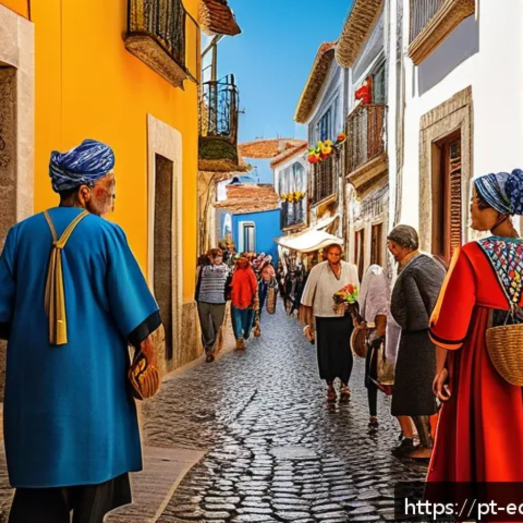 여행을 통한 시각적 학습 방법 - A vibrant street scene in a historic Portuguese town during a sunny afternoon, featuring narrow cobb...