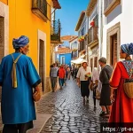 여행을 통한 시각적 학습 방법 - A vibrant street scene in a historic Portuguese town during a sunny afternoon, featuring narrow cobb...