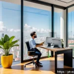 Home 18 시각적 사고를 높이는 연습 문제 - A modern office workspace scene featuring a young Brazilian professional thoughtfully rearranging fu...