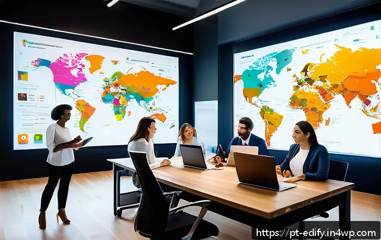 비주얼 도구 비교 어떤 것이 가장 효과적인가 - A vibrant, modern office scene featuring a diverse team of professionals collaborating around a larg...